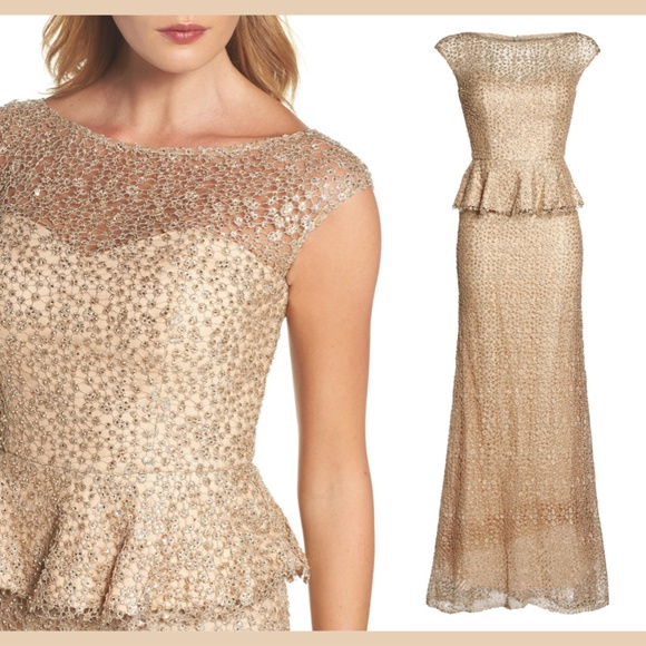 La Femme Embellished Lace Peplum Gown 